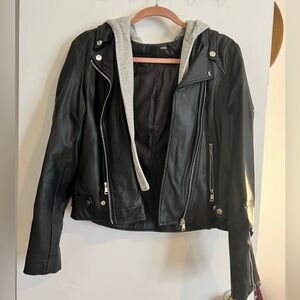 Aqua Black Faux Leather Jacket with Gray Hoodie